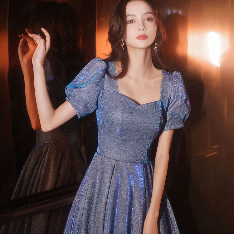 パーティードレス ブルーのイブニングドレススカート女宴会カジュアルワンピース-46