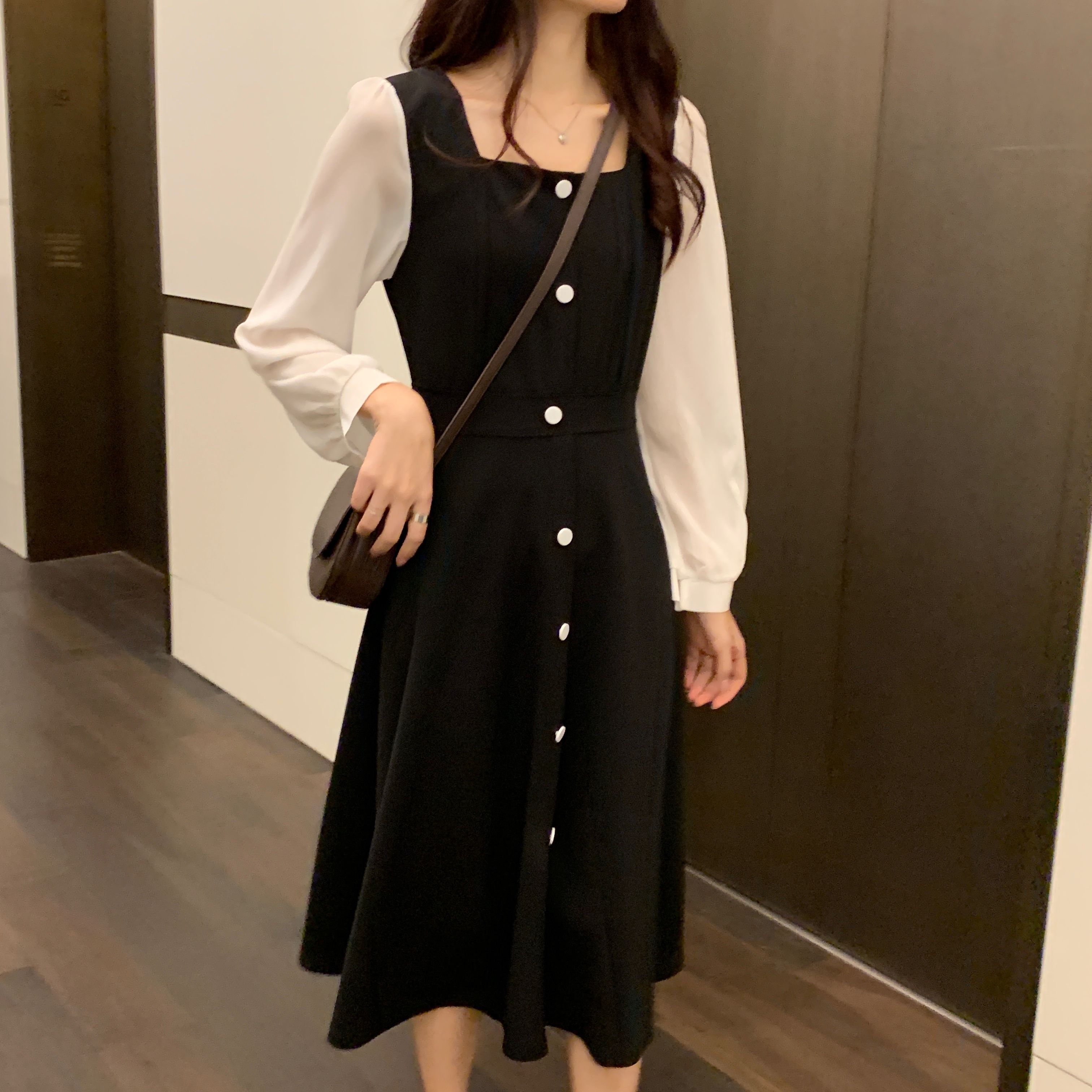 ワンピース パーティードレス 膝下ドレス 舞台衣装 Aラインドレス ワンピースドレス 膝下 袖あり 長袖 襟なし スクエアネック Aライン スリム 細身 個性的 M L XL 2XL 3XL 4XL