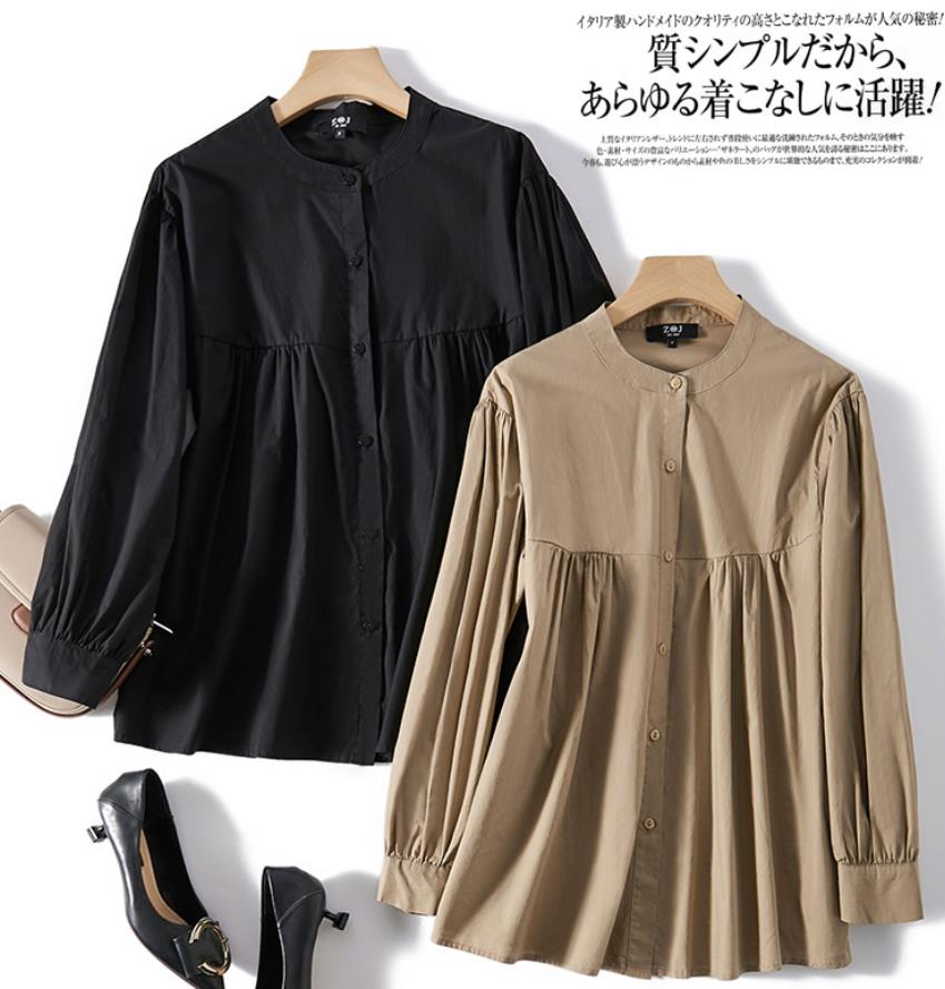 【2枚購入で100円OFF】レディース　シャツ　薄手　長袖　通勤　オフィス　トップス　ブラウス　　フォーマル　ビジネス　春秋　就活　シャツ　ビジネス　春秋　就活　綿　丸首　カーキ　ブラック