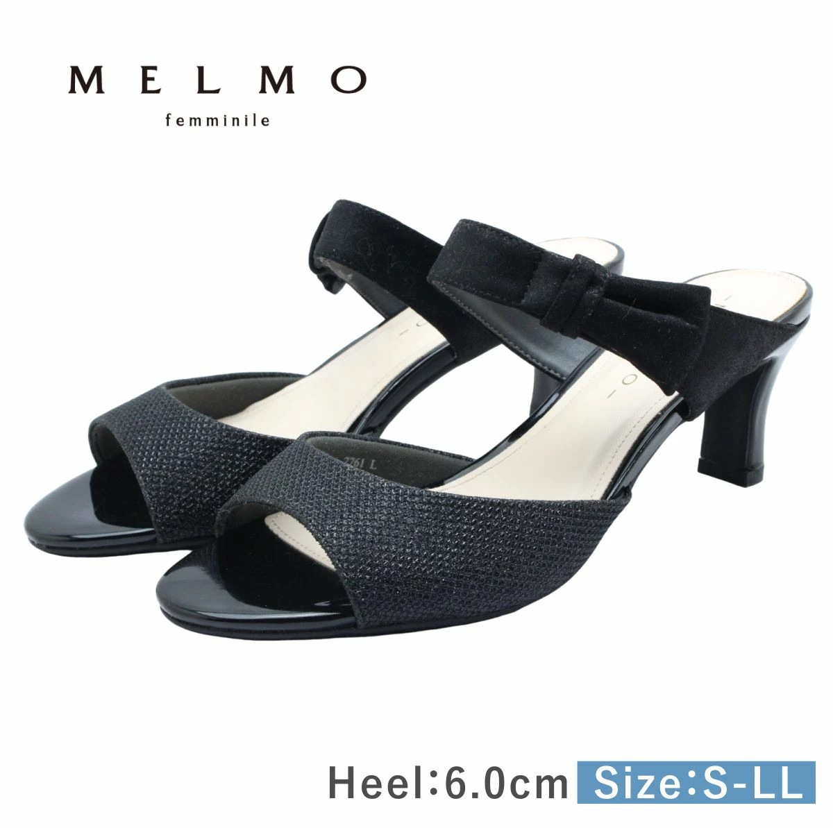 MELMO メルモ レディース ミュール 7761 サンダル アーモンドトゥ チャンキーヒール リボン 履きやすい 歩きやすい 靴 黒 ブラック ブラックコンビ