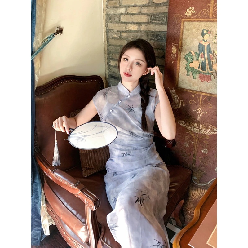 ワンピースドレスドレスミストブルーチョンサム女性スモールセット若い女の子2025 スタイル