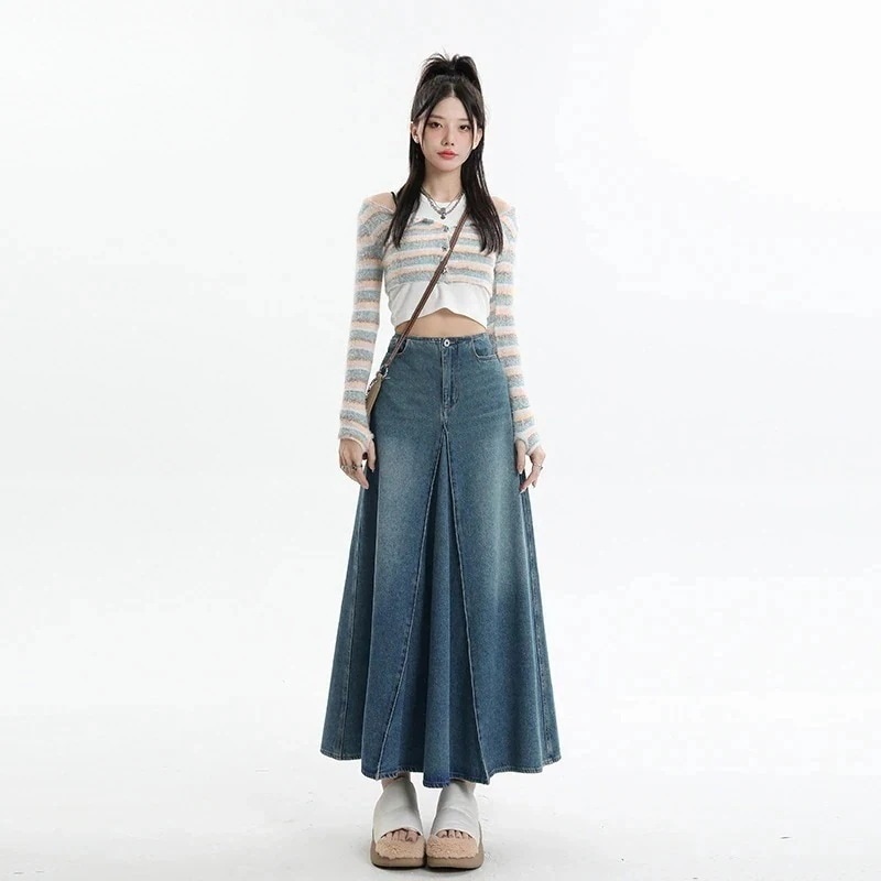 人气作ロングスカートレトロデニムスカートOL通勤着痩せ百掛けセミロングスカート脚長効果涼しい通勤スカート