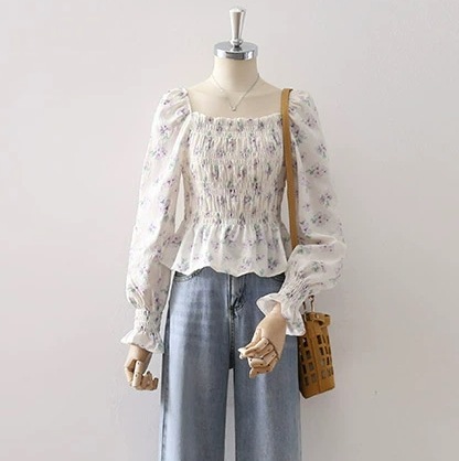 ふんわり 花柄 スクエアネック パフスリーブ トップス ブラウス ショート丈 長袖 デコルテ セミフレア 細身 ストレート スマート レース シフォン フリル 透け感 シースルー 薄手 かわいい