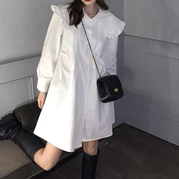 レディース ワンピース シャツ シャツワンピース ビッグカラー ブラウス ミニ ショート 長袖 襟付き フェミニン フリル ハイウエスト かわいい 大人可愛い シンプル カジュアル 上品 おしゃれ