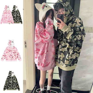 キティちゃん パーカー レディース ハローキティ 可愛い 迷彩柄 カモフラージュ 韓国 ジップアップパーカー フード付き ペアルック カップル 薄手/裏起毛