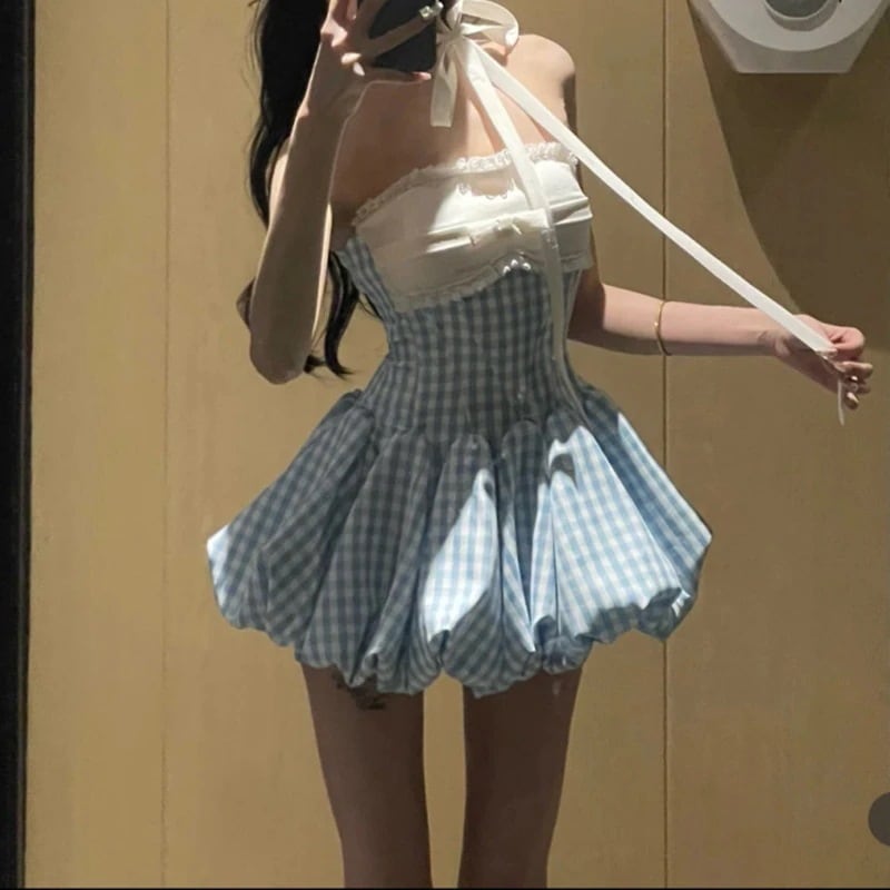 3日出荷 ワンピース夏 チェック チューブトップ カラーブロック ウエストマーク シルエット美しい ショート丈 春服 レディース