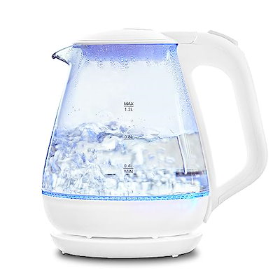 他サイト： ガラスケトル 大容量 1.2L 自動スイッチOFF 青く光る ライト付き オープン 透明 かわいい シンプル おしゃれ HKG-012 ホワイトの商品画像