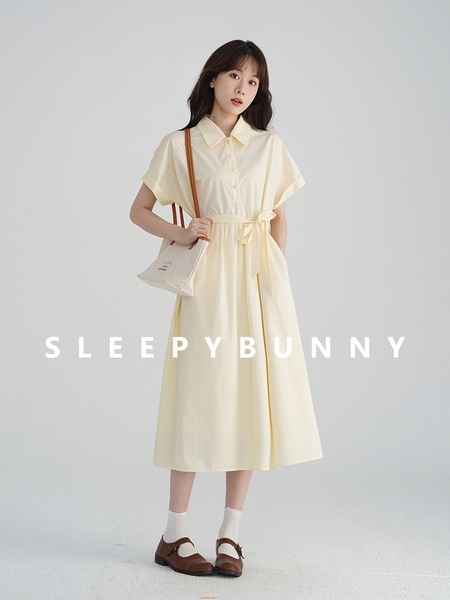 Sleepy Rabbit カジュアル痩身クリームイエロー半袖ドレス
