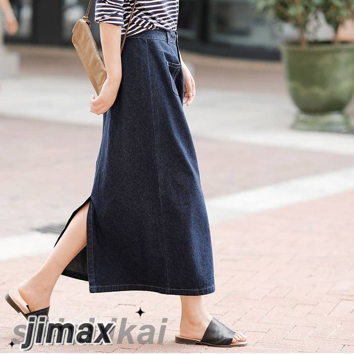 デニムスカート レディース ロング丈 カジュアル 秋 スリット ハイウエスト 質感 上品 ジーンズ ブルー