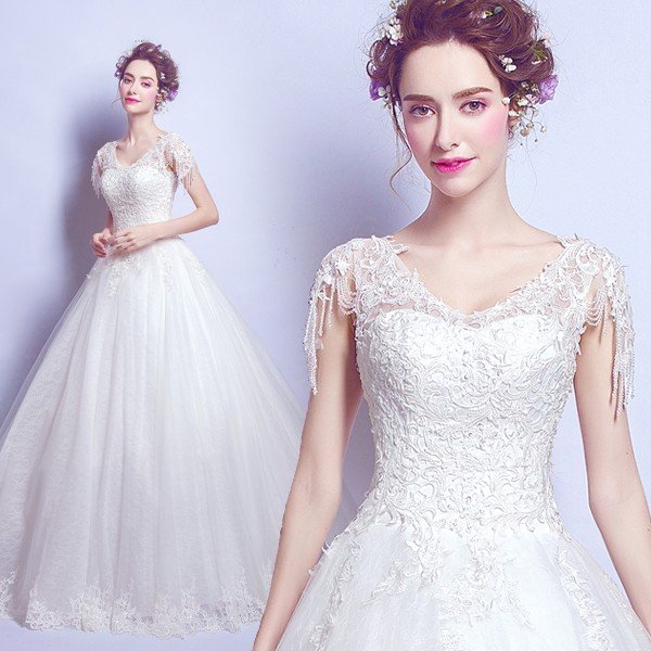 ウエディングドレス 結婚式 二次会 ウェディングドレス 安い プリンセス エンパイア 花嫁 ドレス 白 披露宴 ロングドレス ブライダル vネック 大きいサイズ