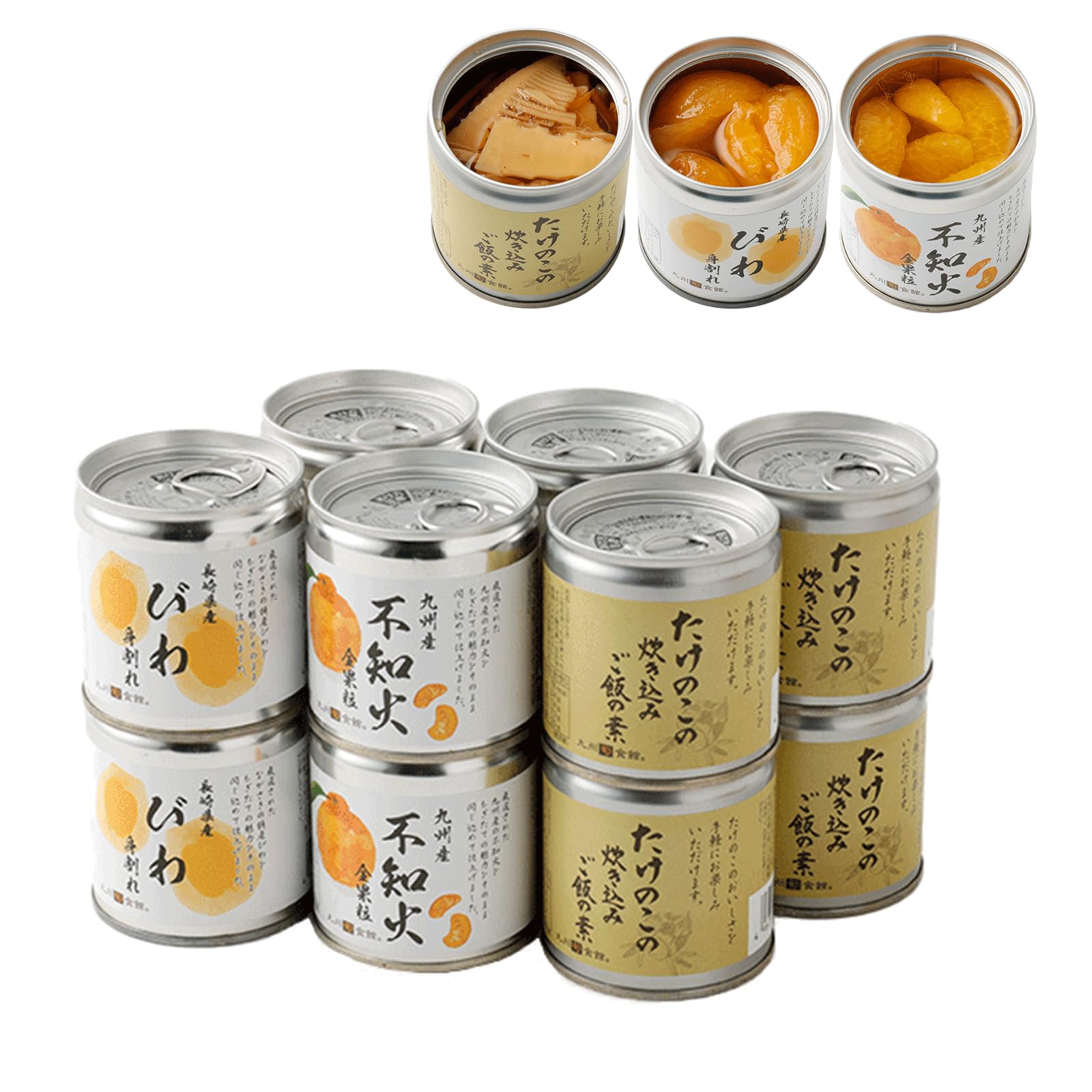 九州旬食館 缶詰セット 国産 (びわ身割れ缶詰不知火缶詰たけのこ炊き込みごはんの素) 各4缶 12缶セット 御中元 暑中見舞い