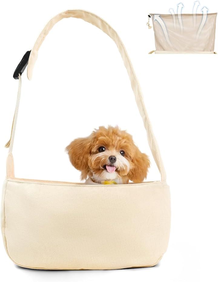 小型犬や猫用ドッグスリングキャリー 軽量で折りたみ式ペット旅行バッグ 調節可能なストラップ付き サイドポケット メッシュ(ベージュー, 40cm L x 15cm W x 22cm)