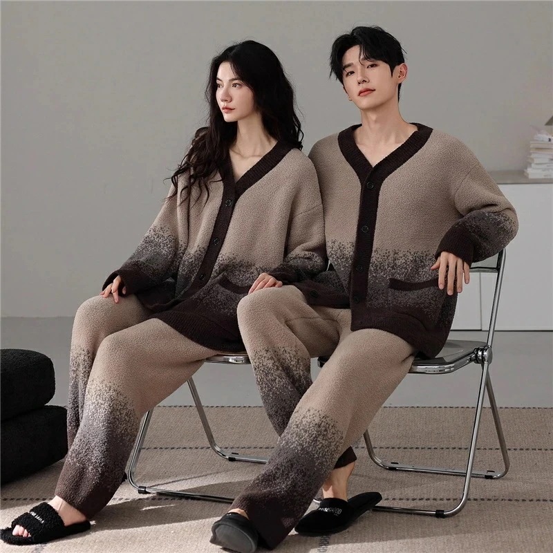 赤字開催 ペアパジャマ もこもこ 冬 男女2着 セット 厚手 Vネック 防寒 前開き カップル パジャマ グラデーション ファッション シンプル おしゃれ ペア ルームウェア 長袖 レディース 夫婦