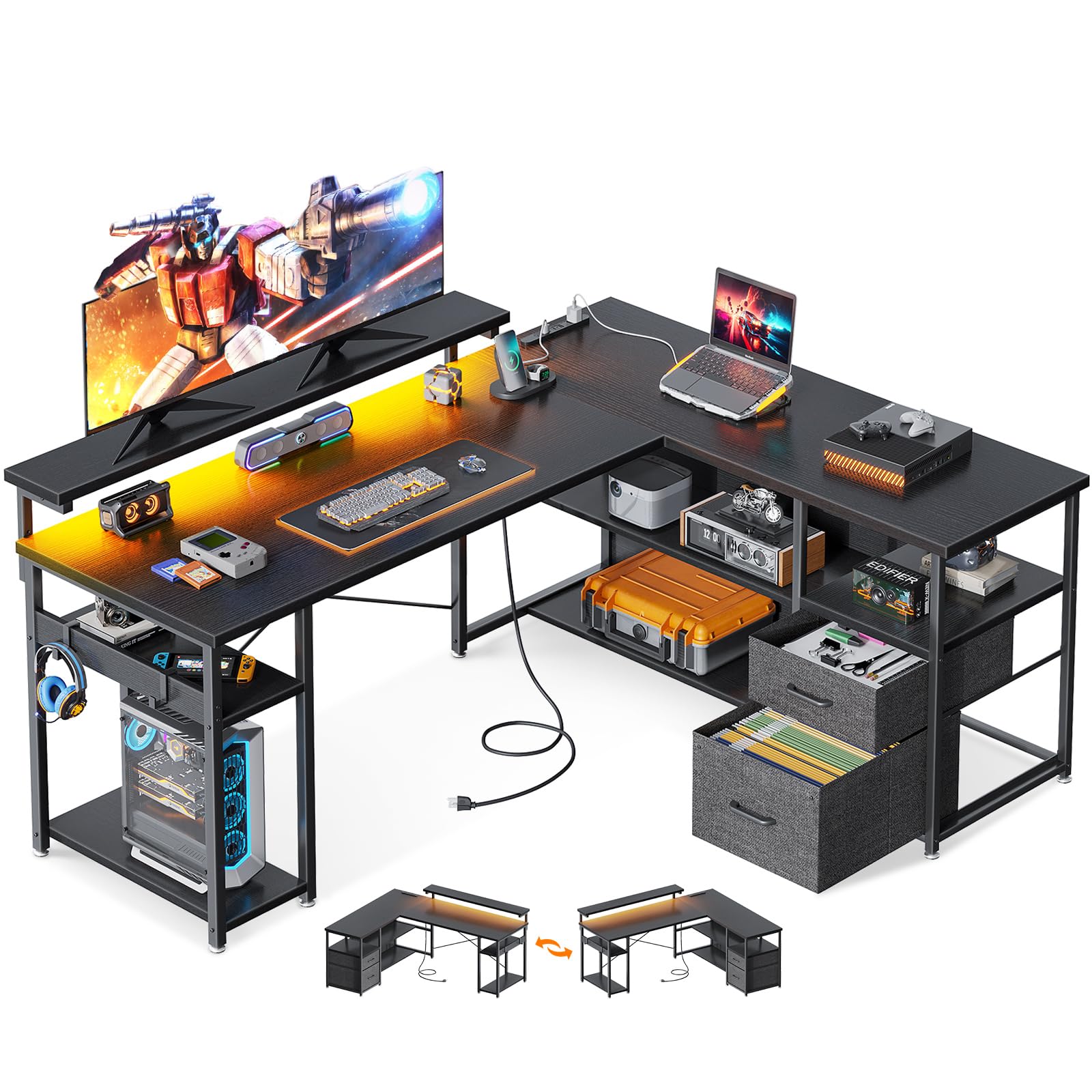 パソコンデスク 幅135cm 引き出し2杯付き コンセント付き モニター台付き ゲーミングデスク l字デスク デスク 机 pcデスク 桌子 computer desk エル字デスク 87470