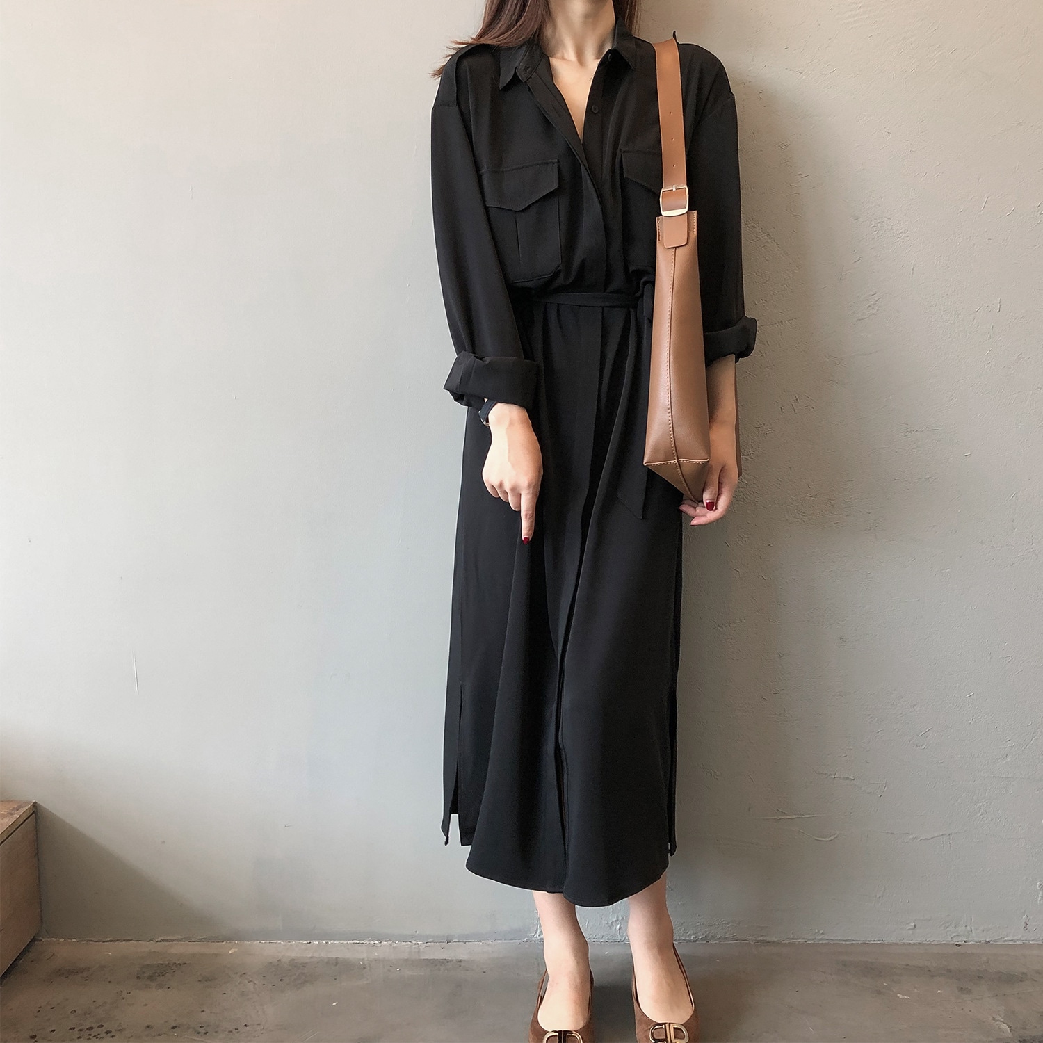 ワンピース ロングワンピース シャツワンピース 長袖 角襟 前開き ボタン ウエストベルト ポケット ロング丈 かわいい 大人可愛い きれいめ シンプル カジュアル 上品 おしゃれ かっこいい