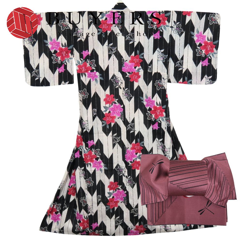 中古 浴衣 2点セット 作り帯 綿 ポリエステル ホワイト ブラック ピンク系 変わり生地 おしゃれ 和装 呉服 和服 きもの レディース 女性