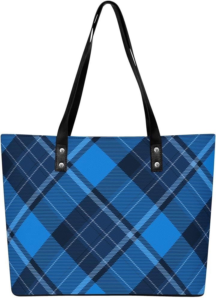 トートバッグ タータンチェック柄 カジュアル ジッパーあり お手入れ簡単なPUレザー使用 外側ポケット付き 防水 撥水 メンズ(ブルー, 27.8 cm x 37.7 cm x 14)