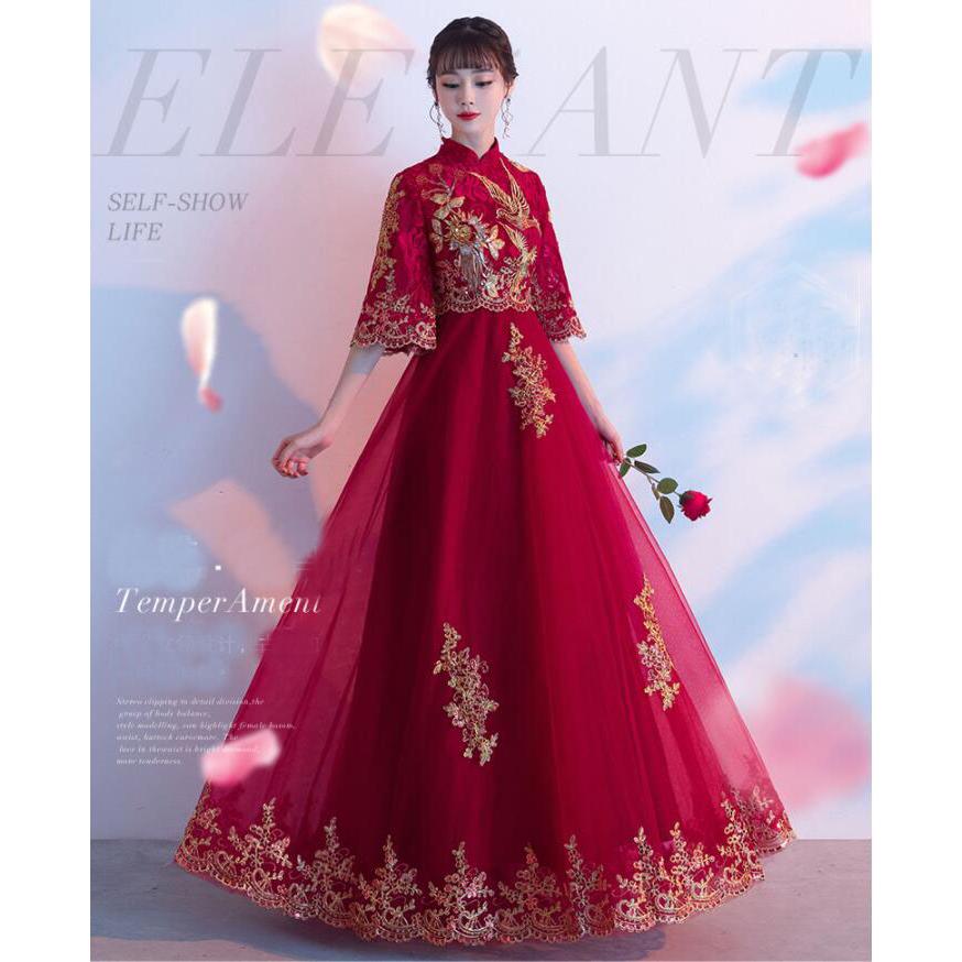 チャイナドレス ロング丈 中華服 中華ドレス チャイナ風 ロングパーティードレス 二次会 ドレス 五分袖 半袖 フリル ドレス レース 花鳥 刺しゅう エスニック 中 4,996円