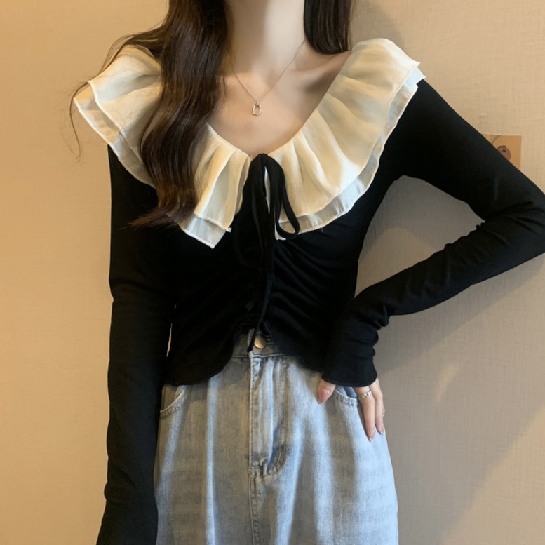 襟付きシャーリングシャツ レディース トップス シャツ カットソー ダブル襟 ドロスト紐 ギャザー シャーリング 長袖 ラウンドネック フェミニン 大きいサイズ 黒 ブラック ライトベージュ
