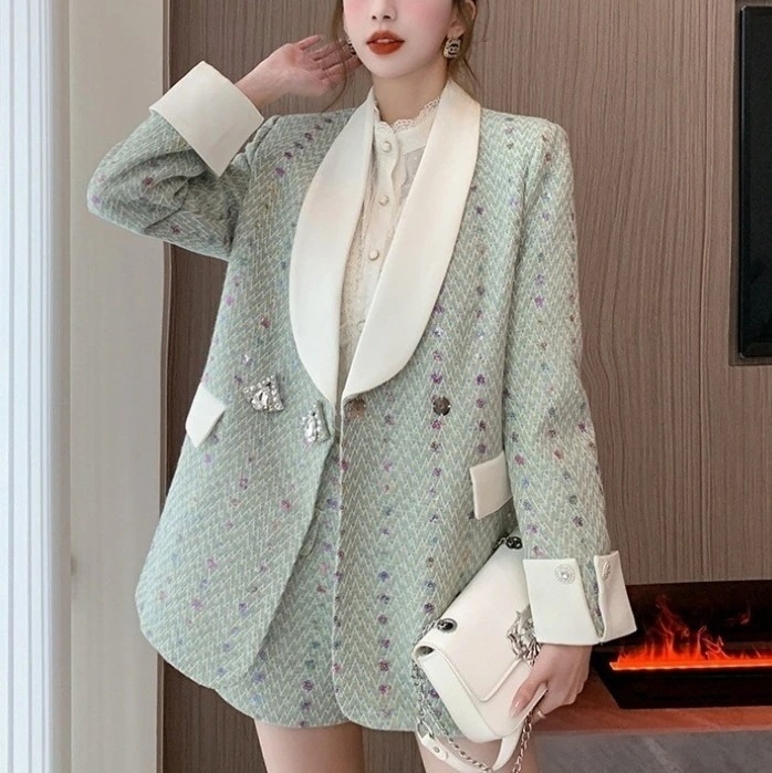 ハイエンドのカスタマイズ-2024 春の新作オートクチュール強力なグリーンスパンコール小さなフレグランススタイルブレザーライト高級スーツ