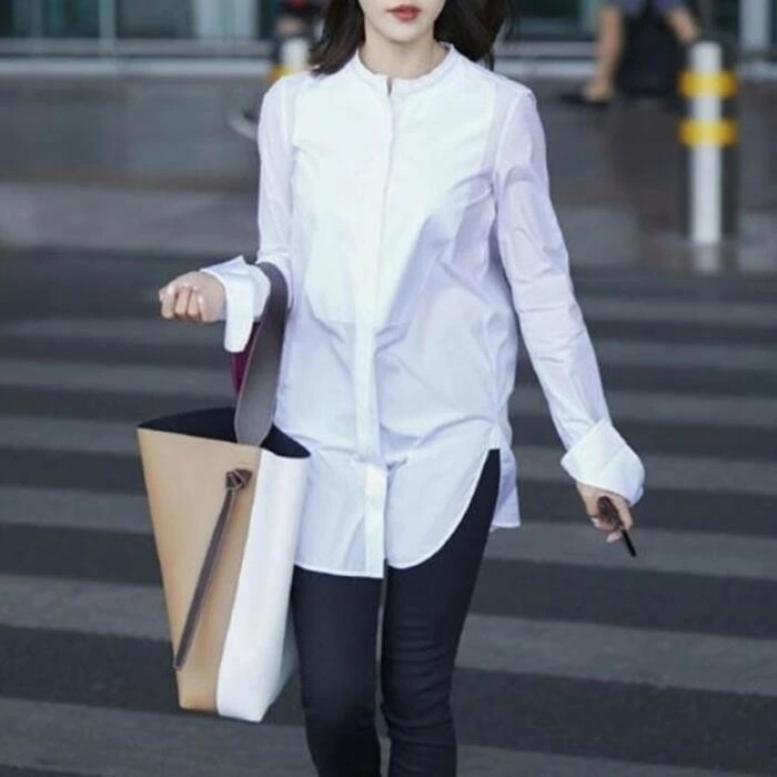 長袖 こなれ感 白 オフィス ベーシック オーバーサイズ バンドカラー ホワイト 通勤 大人 20代 シンプル 30代 可愛い カジュアル 40代 50代 シャツ 抜け感 フェミニン エレガント レデ