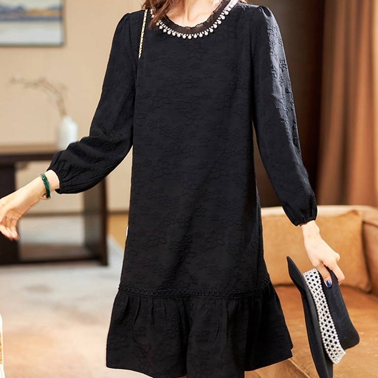 ワンピース ドレス ミニ ミニ丈 膝上 長袖 ボリューム袖 ラウンドネック パール レース 刺繍