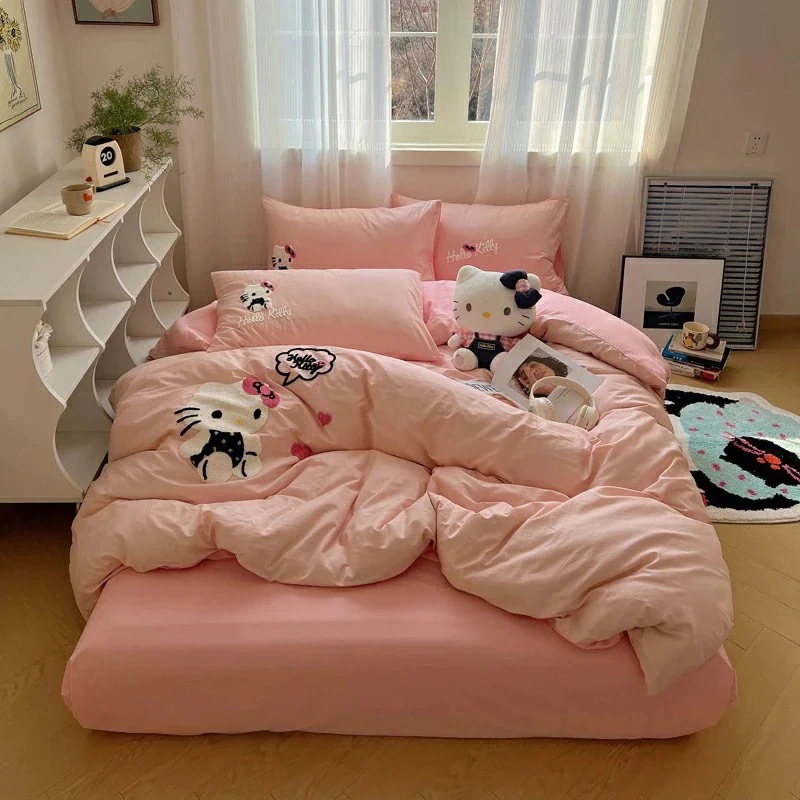 ストロベリーピンク ハロー コットン 子供用 4点セット Kt 猫シーツとシーツ 女の子用 ハロー 掛け布団カバー