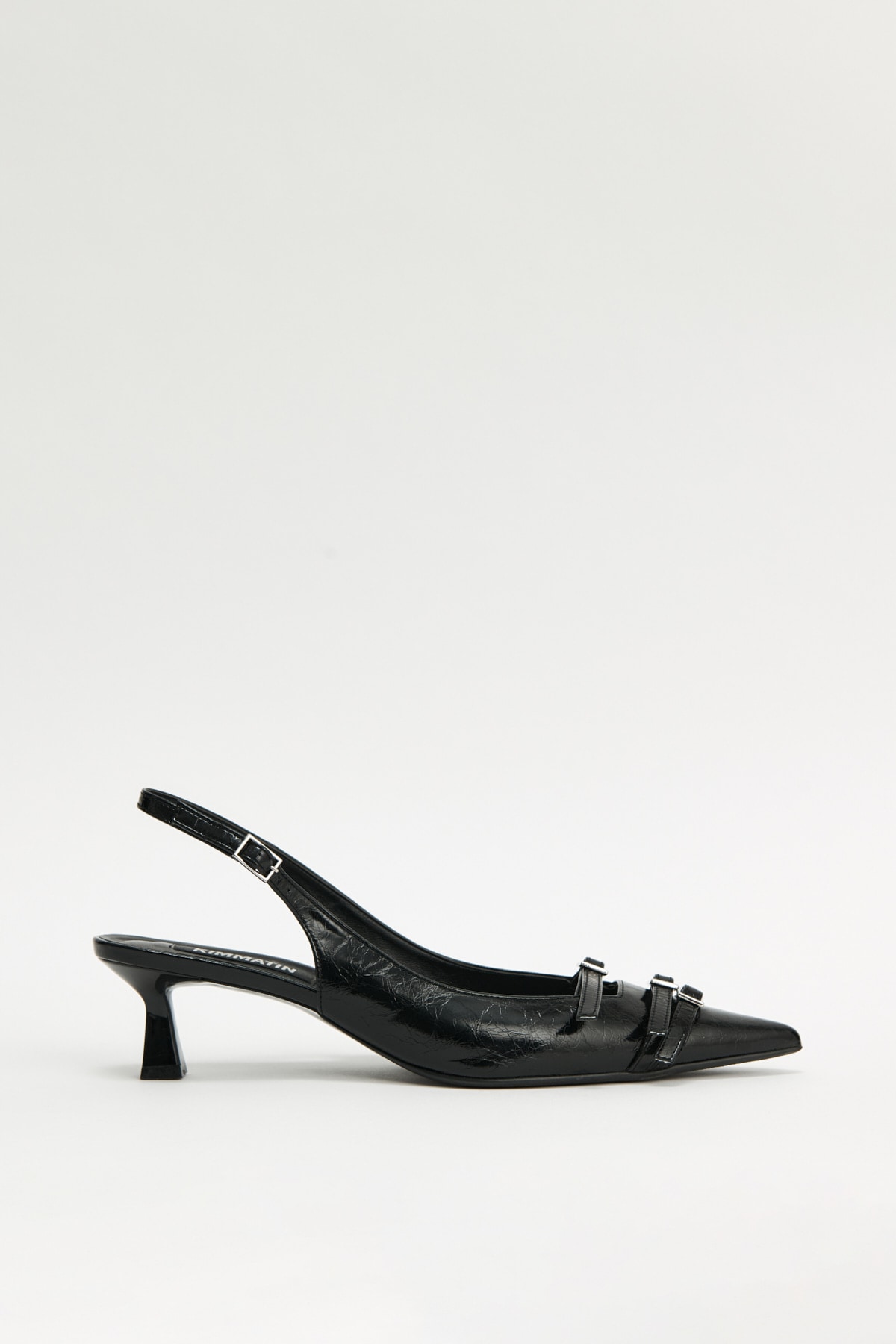 【KIMMATIN】 BUCKLE STILETTO SLING BACK HEELS IN BLACK