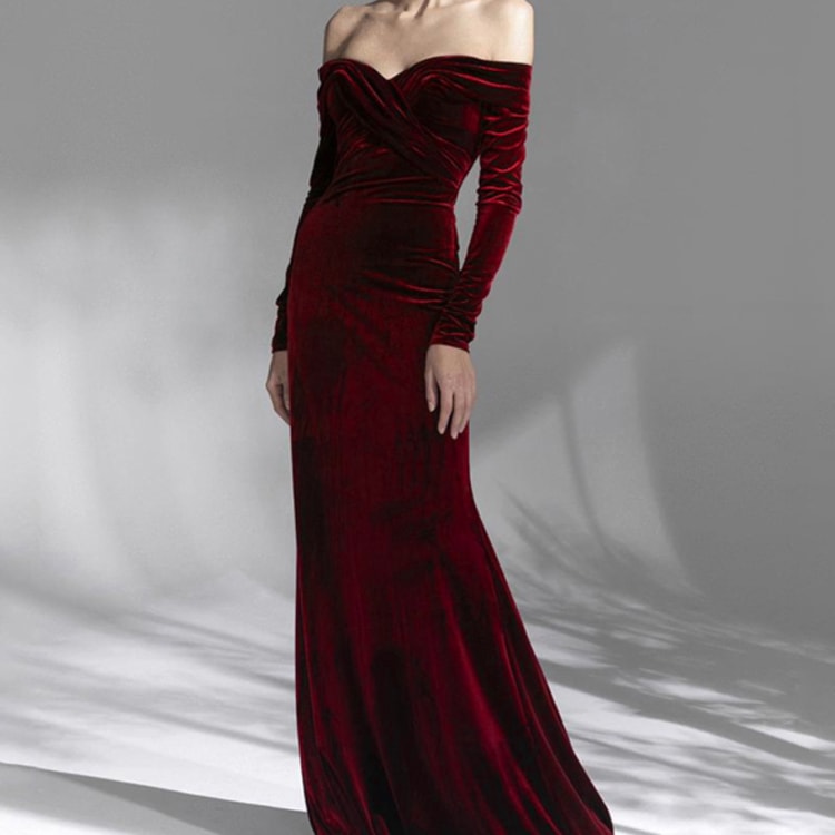 ベロア オフショルダードレス ウェディングドレス イブニングパーティードレス レディース 長袖 ワンピース ロングドレス スリム フォーマル 背中開き きれいめ 上品 エレガント ラグジュアリー 無地 8,220円