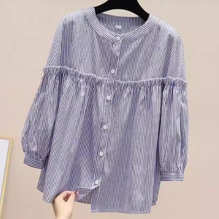 レディース トップス シャツ ブラウス 前開き 長袖 ラウンドネック 襟なし ワイド フェミニン ボタン 薄手 かわいい 大人可愛い きれいめ シンプル カジュアル 上品 おしゃれ かっこいい レトロ