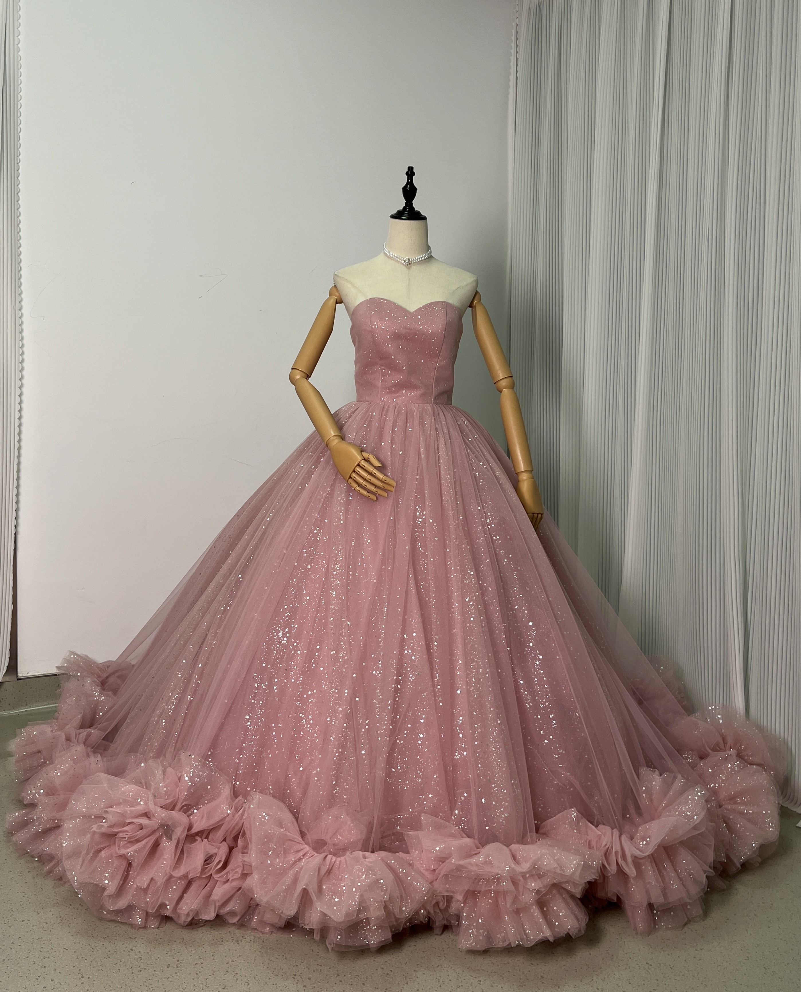 憧れのドレス ピンク カラードレス キラキラチュール ベアトップ  
