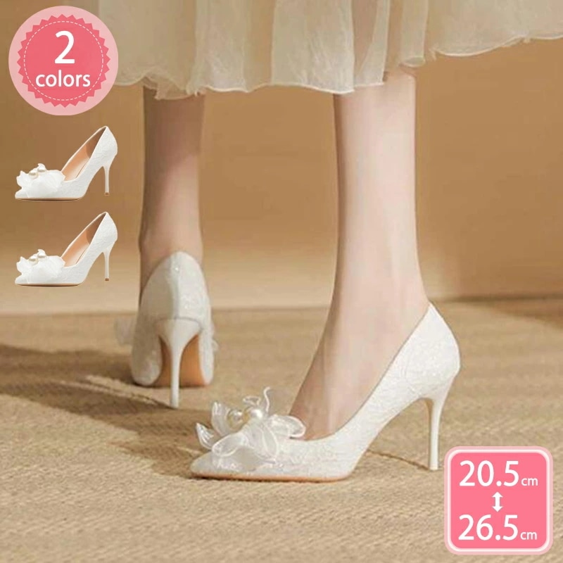 777円OFFクーポン ドレスシューズ パンプス 結婚式 ホワイト 白 レディース 大きいサイズ ハイヒール ピンヒール 6cm 9cm チュールリボン付き 大人可愛い おしゃれ イベント パーティー