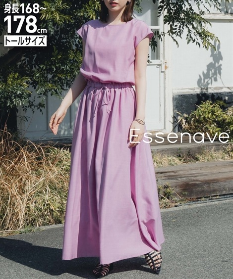 ロング・マキシ丈/半袖 高身長　ウエストギャザーフレンチスリーブマキシワンピース トールサイズ Essenave