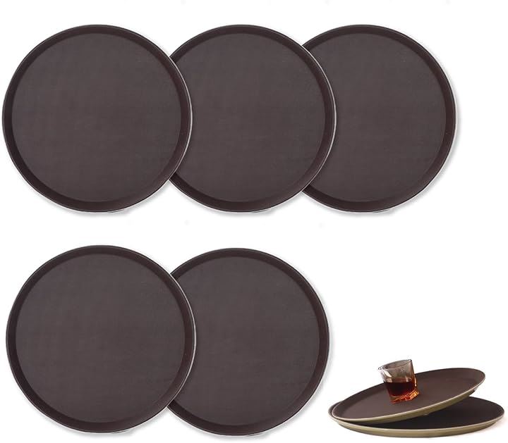 トレー お盆 トレイ 業務用 カフェ キッチン トレンチ 滑らない 食洗器洗い可能 5枚組 35cm (ブラウン, 特大)