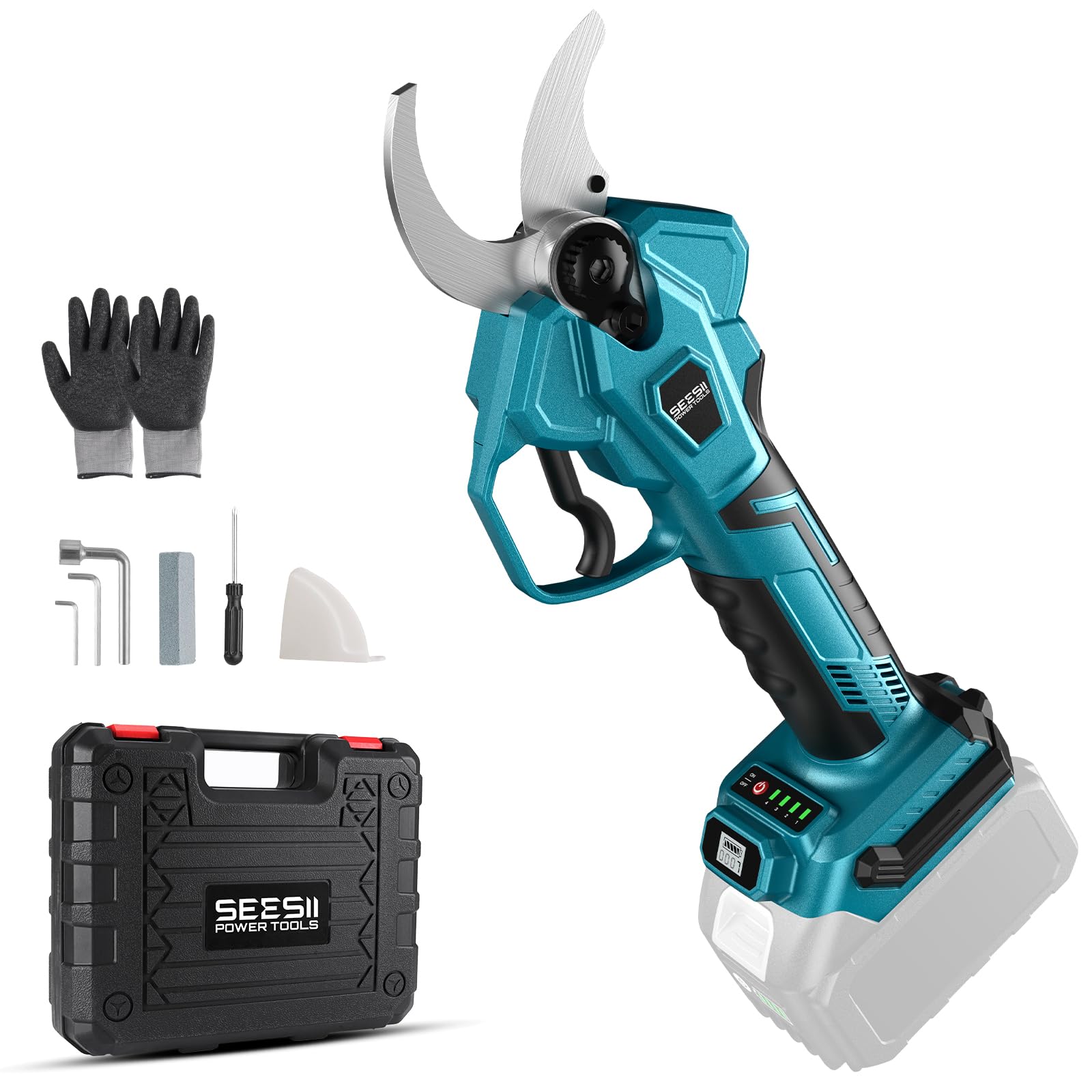 【2025新型】SEESII充電式剪定ばさみ 電動剪定バサミ 開き口50mm 高枝切りの延長ポールと接続可能ブラシレスモーター採用 LEDディスプレイ搭載 4段階開き角度調節可 マキタ18V互換 切れ