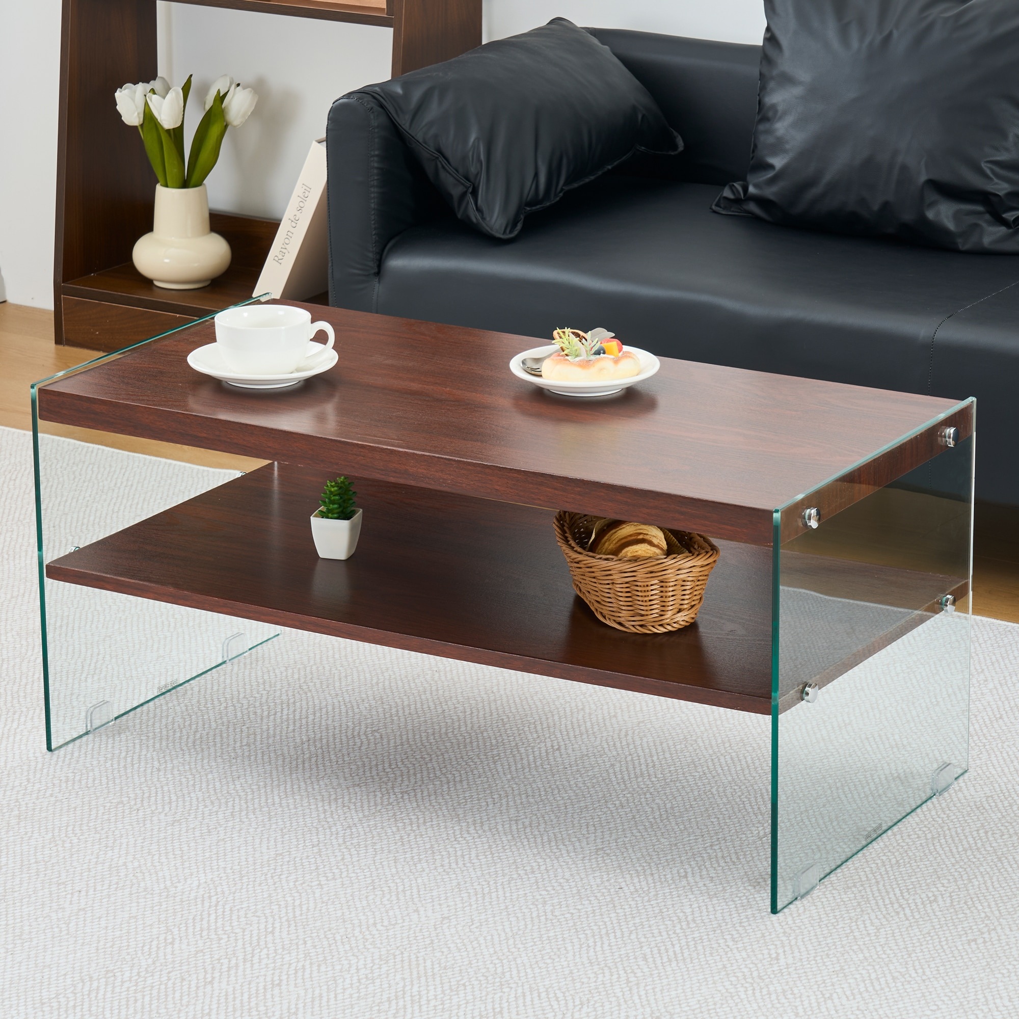 【147】リビングテーブル センターテーブル コーヒーテーブル ローテーブル 収納 モダン長方形MDF天板×強化ガラス脚 ダークブラウン