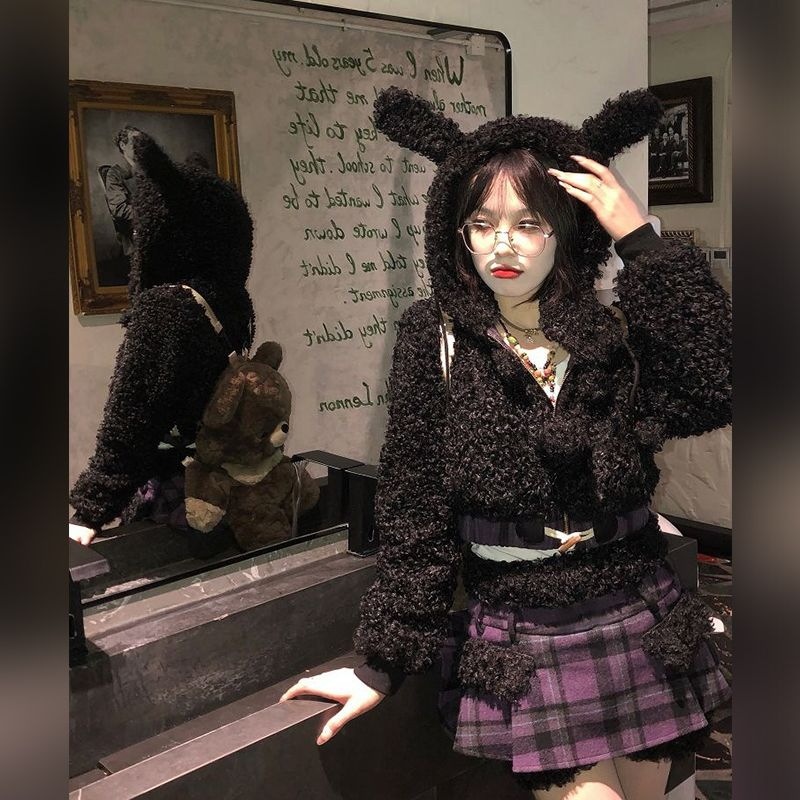 冬の新作気品 セット服 レディース ラビット耳ショートジャケット+パッチワークデザイン感ハーフスカートセット2点セットファッション セットアップ