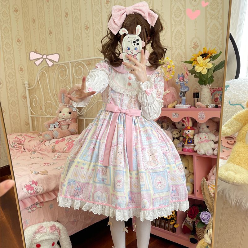 2024 ロリータ ドレス オリジナルデザインハニーラビットベアかわいい長袖opワンピース コスプレ ワンピース ロリータワンピース