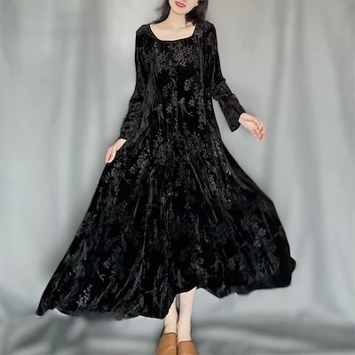 しい　ゆったりとした　角襟　ベルベット　プリント　ヘッドワンピース　女性　ドロップ感　長袖　雰囲気　ロングスカート　魚尾スカート　大きく振っている