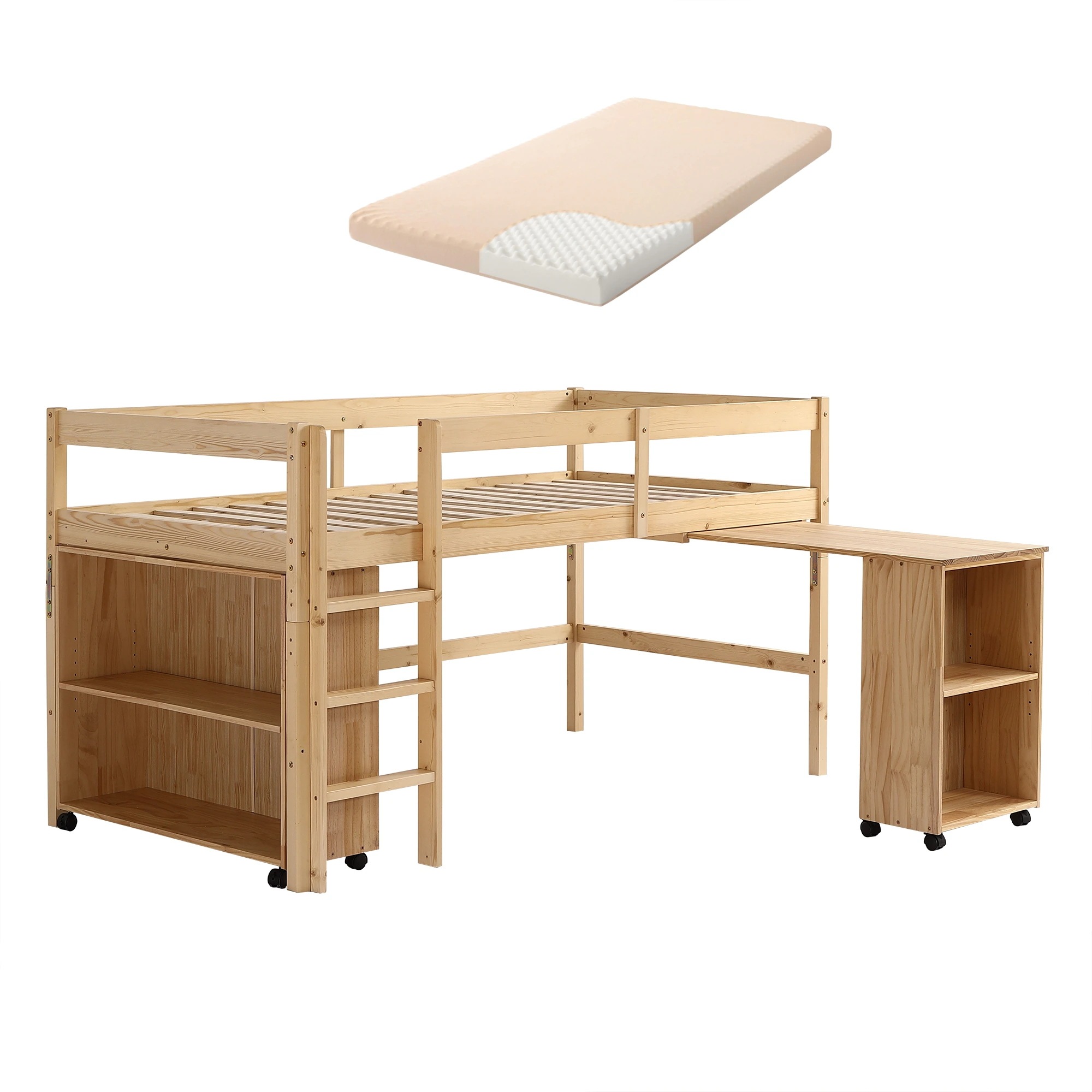 【即日発送 送.料.無.料】【10cm厚さマットレス付き】システムベッド ロフトベッド 木製 シングル ベッド ロータイプ ベッド デスク 本棚 机付き 学習机 コンパクト 本棚付き 木製ベッド 天然