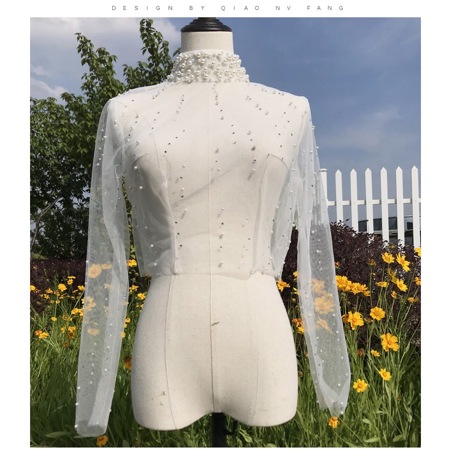 ウェディングボレロ 長袖 パール ブライダル 花嫁 ウェディングドレスアレンジ小物 オフホワイト ボタン 結婚式 二次会 披露宴 お色直し パーティー