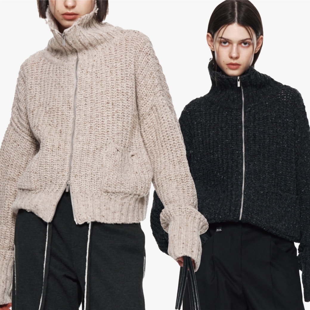 DAMAGE RIBBED HIGH NECK ZIP UP