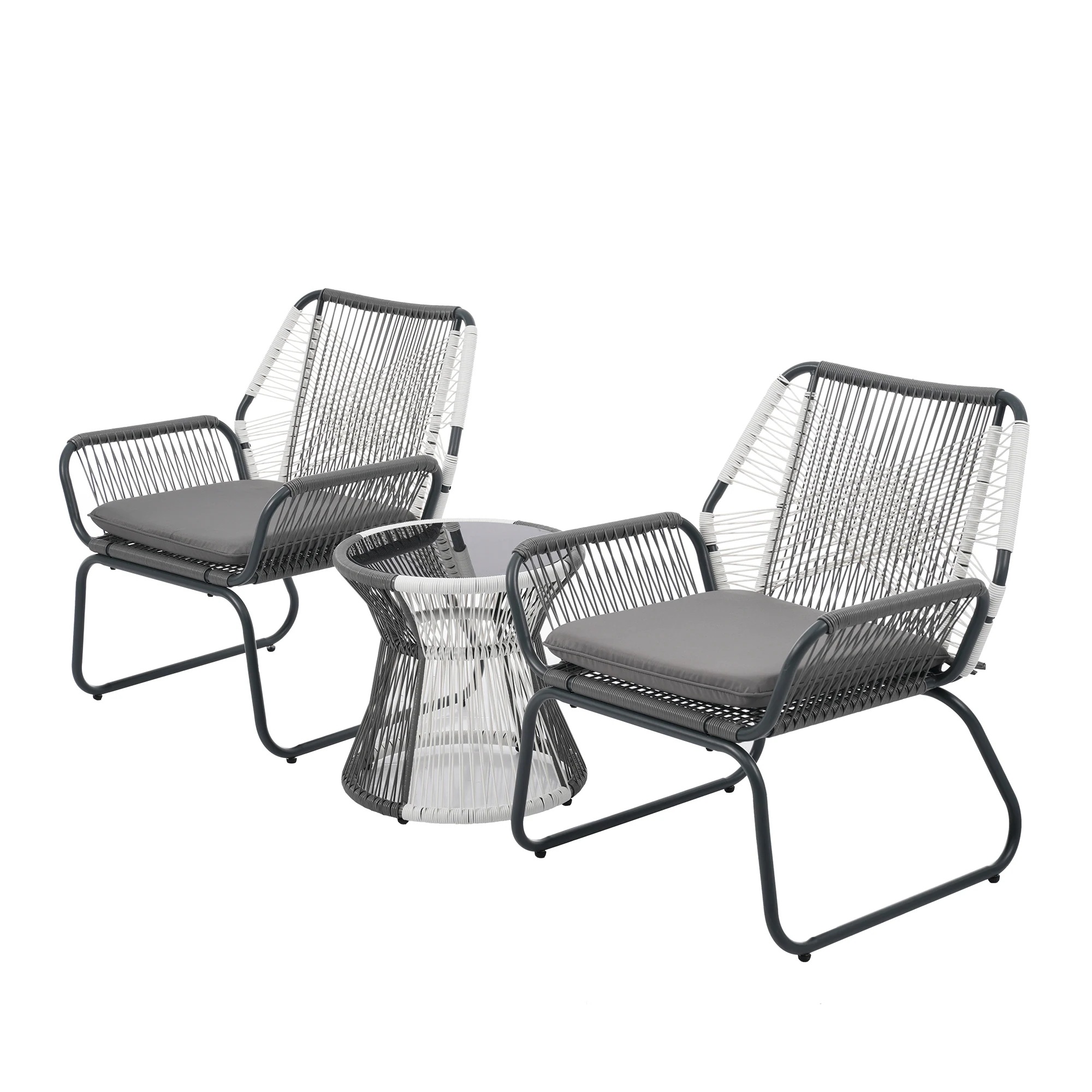 19582025新作 ガーデンファニチャー テーブル 3点セット 2脚　ガーデン ベランダ ガーデンチェア セットテーブルセット クッション付 ホワイト×グレー