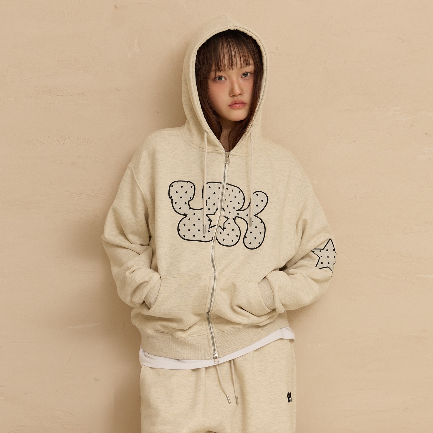 YK Applique Dot Hood Zip Up OATMEAL