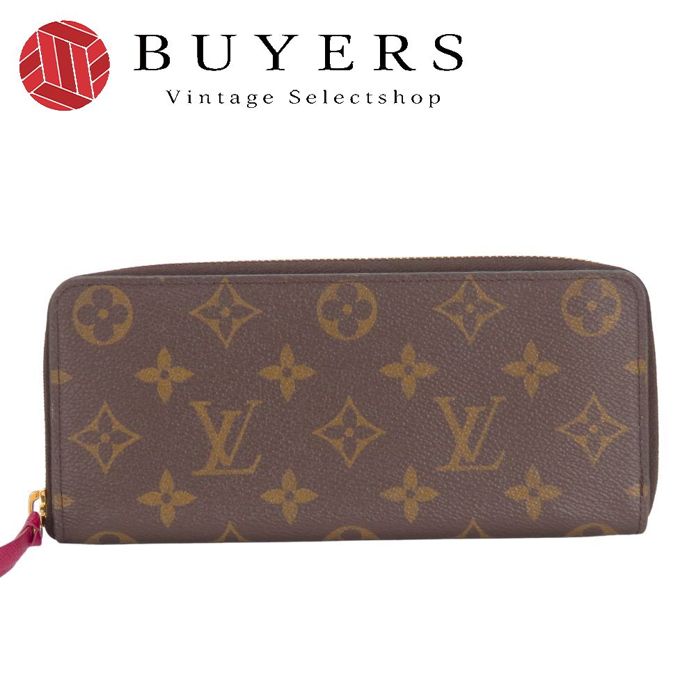 中古 長財布 ポルトフォイユ・クレマンス M60742 モノグラム フューシャ ブラウン ゴールド金具 ラウンドファスナー スリム 小物 レディース 女性