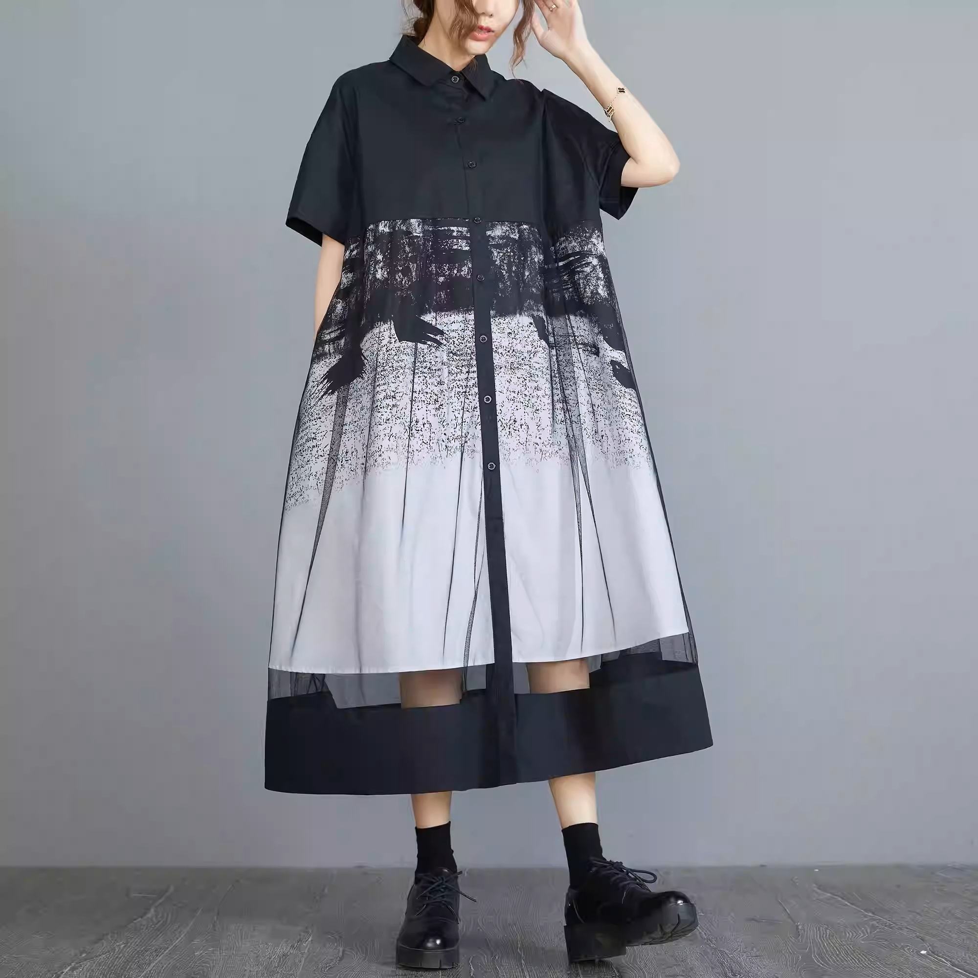 シャツワンピース ドレス ワンピース 膝下 ミモレ 半袖 襟付き フレア Aライン 透け感 シースルー メッシュ 可愛い きれいめ 大人可愛い 上品 おしゃれ かっこいい レトロ モダン 主役級