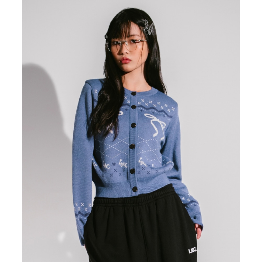 LMC WM リボンジャカードカーディガンブルー
