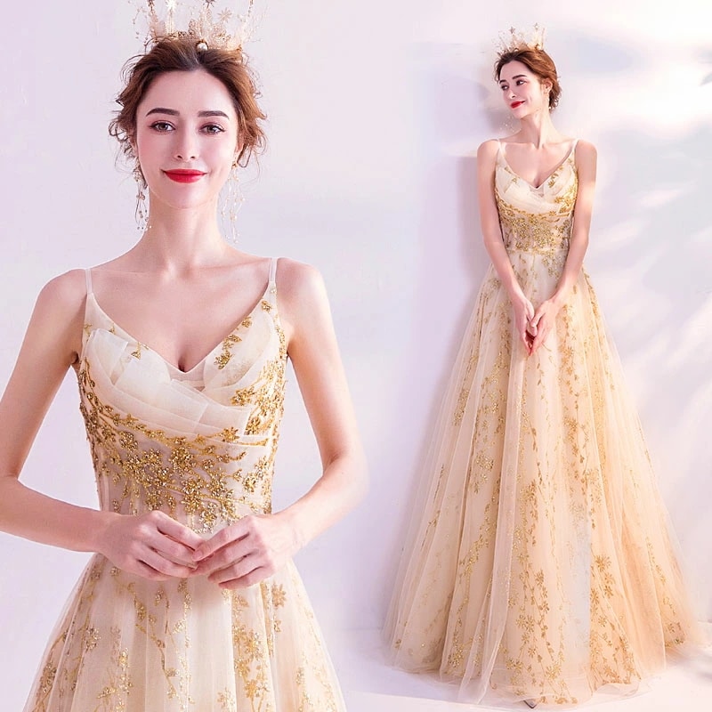 パーティードレス ウェディングドレス 結婚式 ワンピース 吊りスカート ワンピース ゴールド フォーマルドレス スパンコールドレス 着痩せ パーティードレス 編み上げ 刺繍 海外 撮影用 パーティード