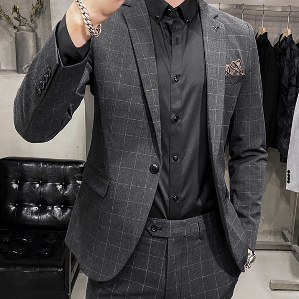 スーツカジュアルスーツスリセットアップI上下セットムスーツメンズビジネス紳士服チエック柄1つボタンシングルウォッシャブル洗える細身ベスト2点セット通勤就職入学式入社式卒業式宴会オールシーズン