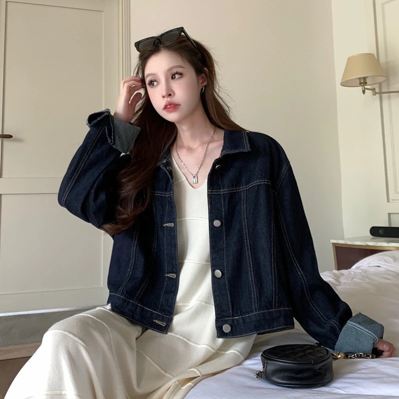 アメリカンレトロデニムジャケット女性2023初秋の新しい版のシンプルなラペルシングルブレスト百ジャケットのトップス